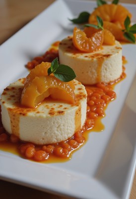 Creamy dessert with fruit garnish on a platter