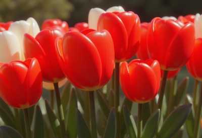 Vibrant red and white tulips blooming in spring sunlight