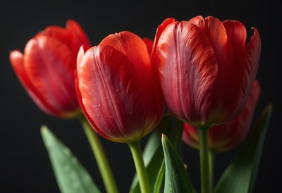 Vibrant red tulips in bloom with lush green leaves