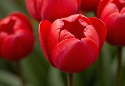 Vibrant red tulips bloom in a spring garden