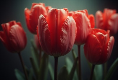 Bright red tulips bloom in an elegant arrangement indoors