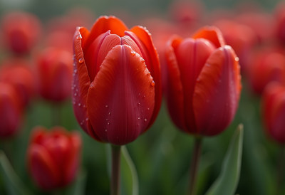 Bright red tulips blooming in a vibrant flower field