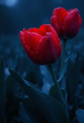 Vibrant red tulips blooming at twilight