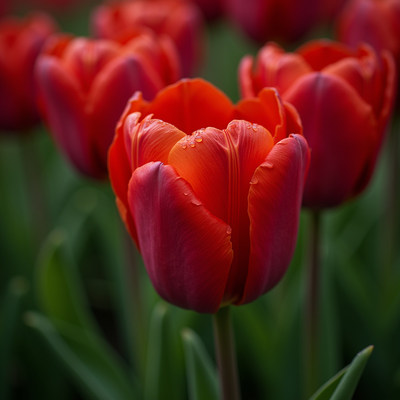 Vibrant red tulips blooming in spring garden