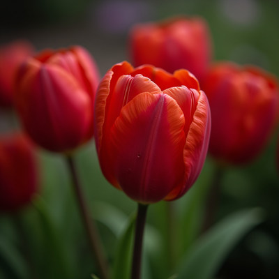 Vibrant red tulips bloom in spring garden