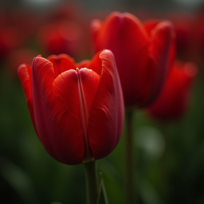 Bright red tulips blooming in a spring garden