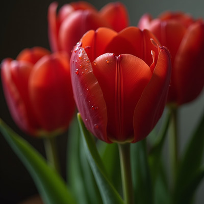 Red tulips with water droplets in indoor setting