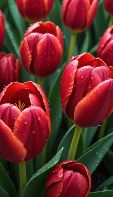 Vibrant red tulips adorned with dew in spring garden