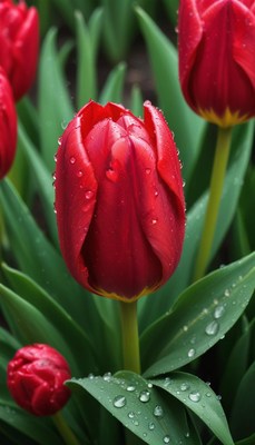 Bright red tulips stand tall in a spring garden