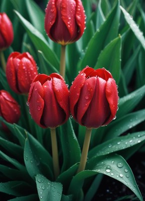 Beautiful red tulips in a garden after rainfall