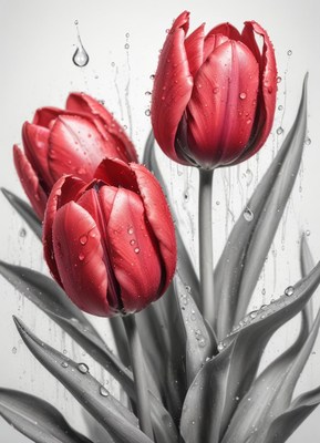 Red tulips with droplets in monochromatic background