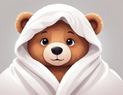 Cute bear wrapped in a white blanket looking cheerful