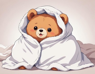 Cute bear wrapped in a cozy blanket relaxing indoors