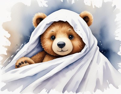 Cute bear cub peeks out from a soft blanket