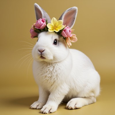 Rabbit with flower crown posing against a golden backdrop