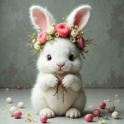 Cute bunny wearing a flower crown in a playful setting