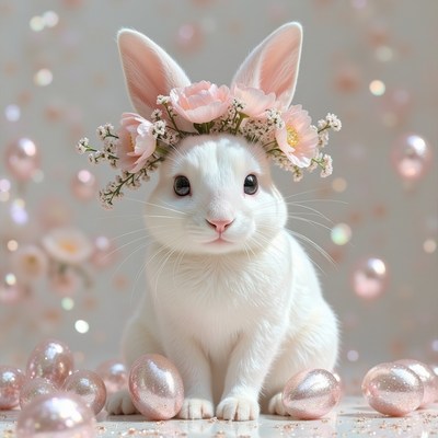 Cute bunny wearing a flower crown surrounded by pastel eggs