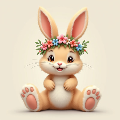 Cute bunny with flower crown sitting on soft background