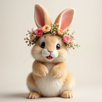 Cute bunny wearing a flower crown in a studio setting