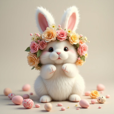 Cute white bunny with flower crown and pastel eggs
