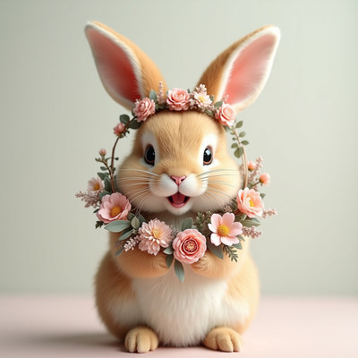 Rabbit with flower wreath, cheerful look!