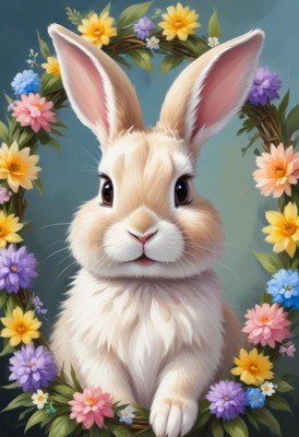 Cute rabbit surrounded by colorful flowers in spring