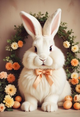 White rabbit with flowers and eggs during spring celebration