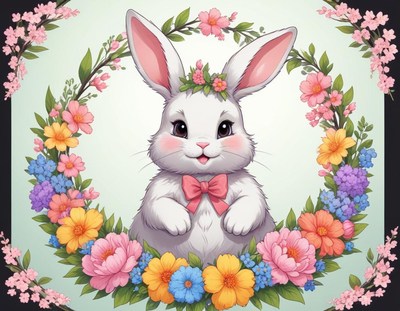Cute bunny surrounded by colorful flowers in a garden
