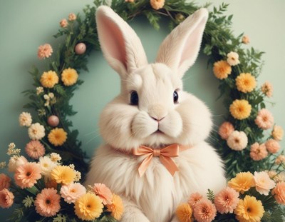 Rabbit surrounded by flowers in springtime decor