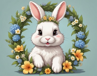 Cute rabbit with floral wreath for spring celebration