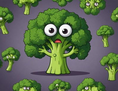 Cartoon broccoli characters with big eyes and expressions
