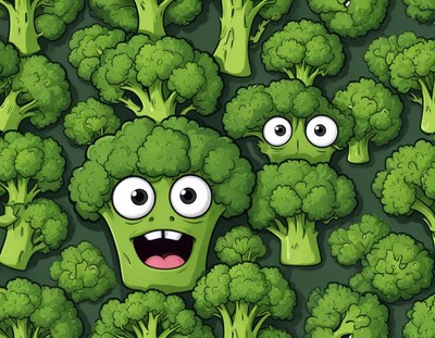 Colorful cartoon broccoli characters in a fun garden