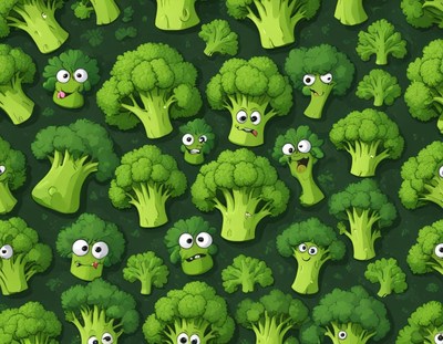 Bright broccoli pattern featuring fun cartoon characters