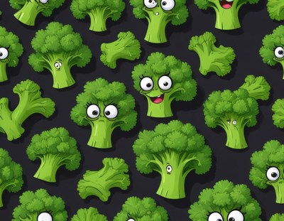 Colorful cartoon broccoli pattern on dark background