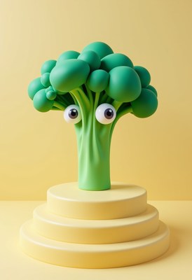 Toy broccoli character on display with playful expression