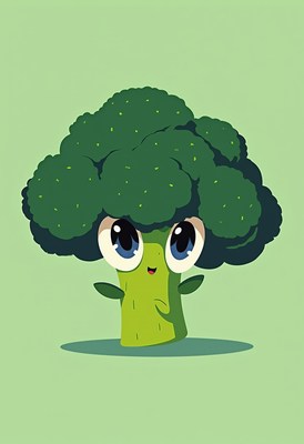 Cute cartoon broccoli character with large eyes and smile