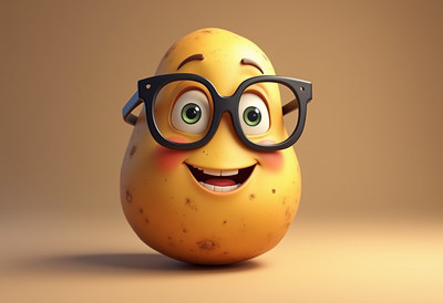 Cartoon potato character with glasses smiles brightly