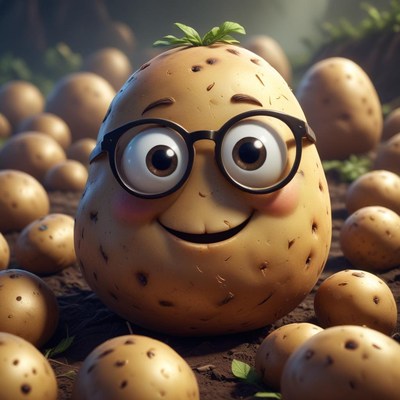 Happy cartoon potato character among many potatoes