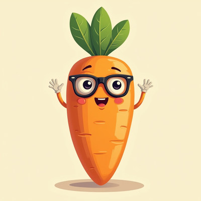 Happy cartoon carrot character with glasses and leaves