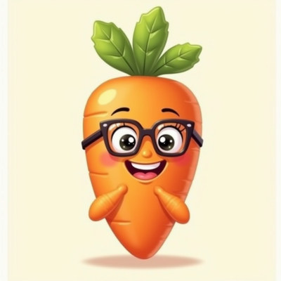 Cheerful carrot character with glasses celebrates life