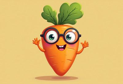 Happy cartoon carrot character with glasses smiling