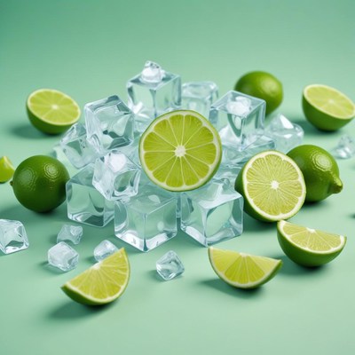 Fresh limes and ice cubes arranged visually pleasingly