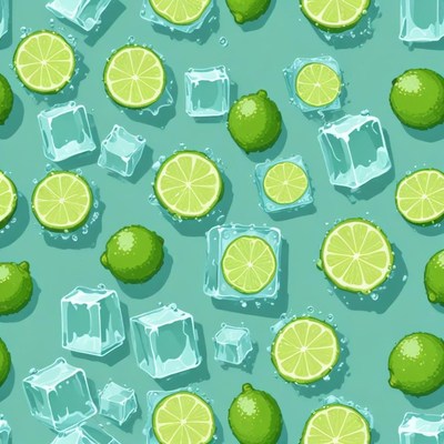 Fresh limes and ice cubes scattered on a light background