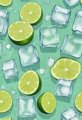 Refreshing lime and ice layout on a turquoise background