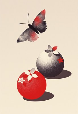 Butterfly and colorful fruits in a minimalist design