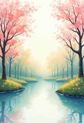 Serene river landscape with blooming cherry trees