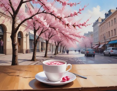 Enjoying a warm drink under cherry blossoms in spring