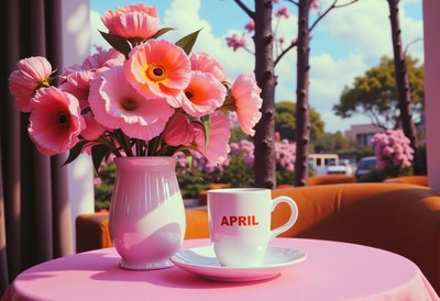 Colorful flowers and a cup on a sunny april day