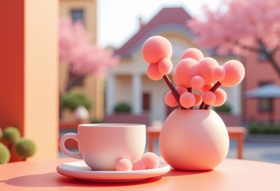 Pink-accented cup and vase in a lively setting