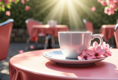 Pink table setting with coffee and flowers in sunlight